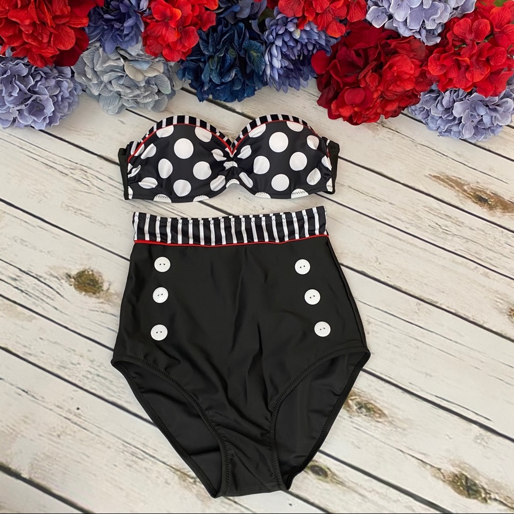 Retro Black & White Dot High Waist Push-Up Bikini - Picture 8 of 16